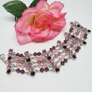BELLE PARIS Silver Tone Pink Purple Rhinestone Crystal Bead Bracelet